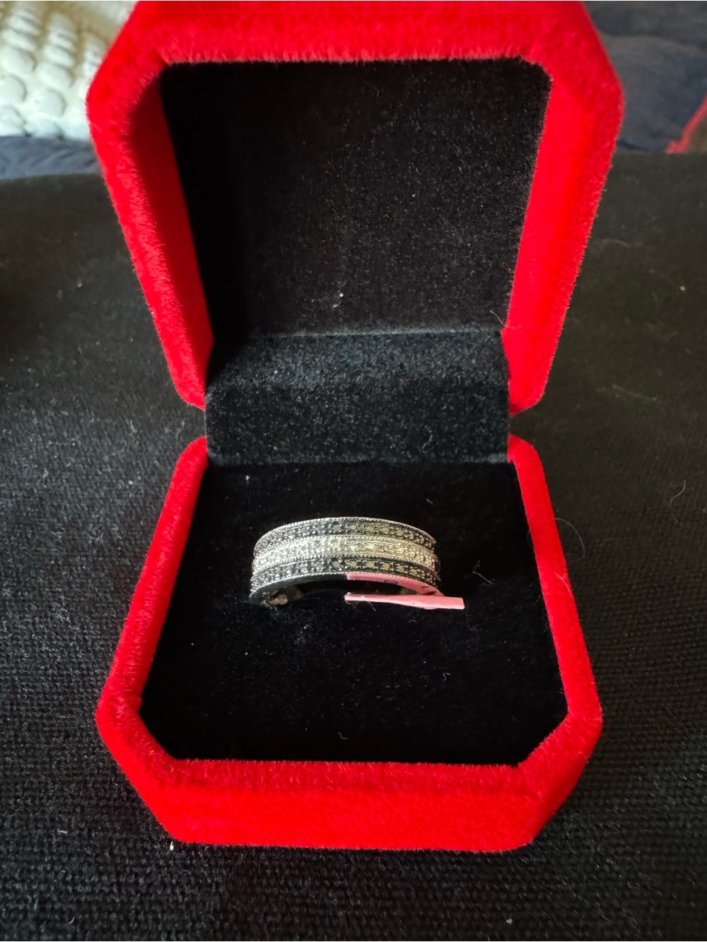 Black and white diamond band ring in sterling silver